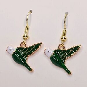 New Hand Crafted Cute Green Bird Hook Earrings 14K Gold Plated